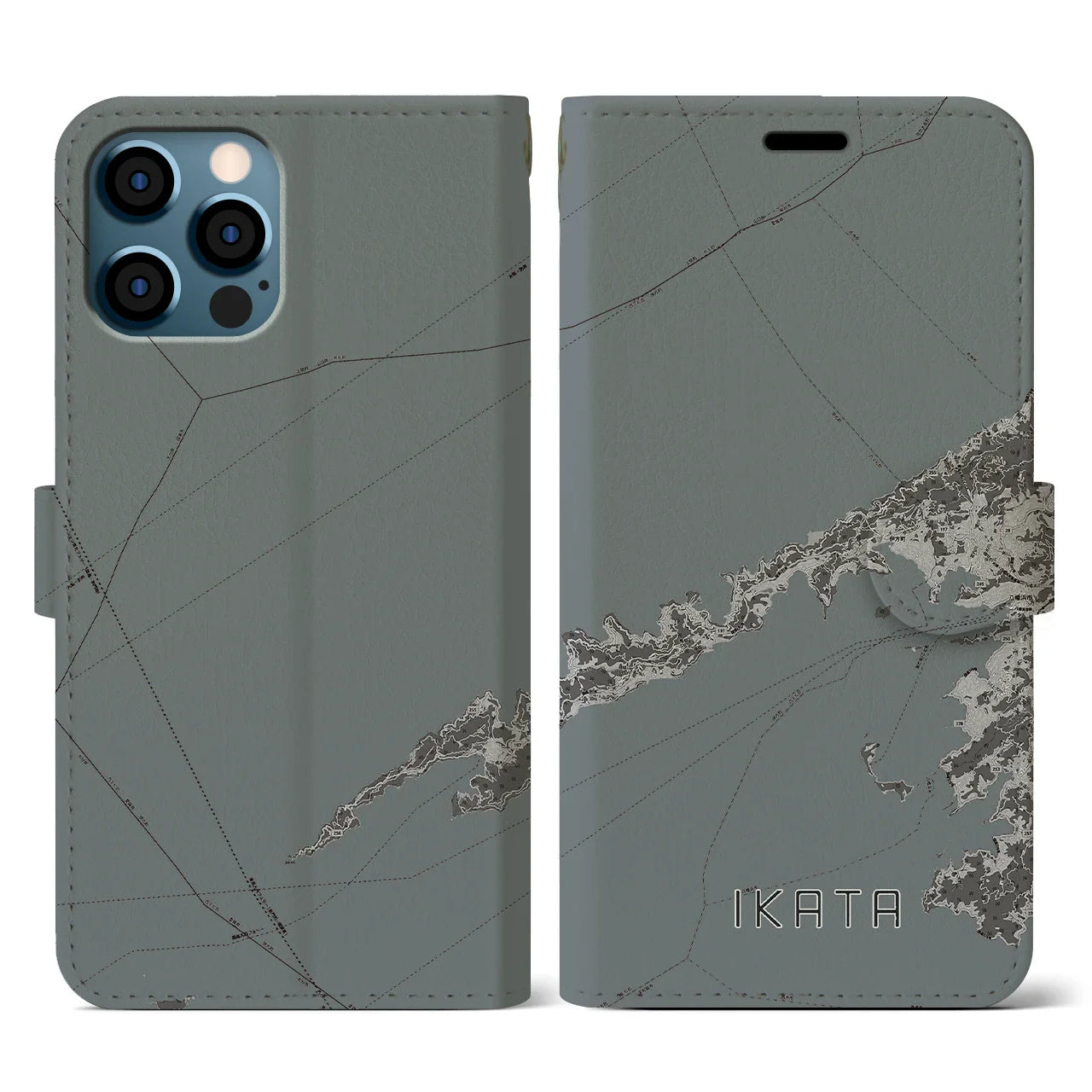 【伊方(愛媛県)】地図柄iPhoneケース(手帳タイプ)モノトーン・iPhone 12 / 12 Pro 用