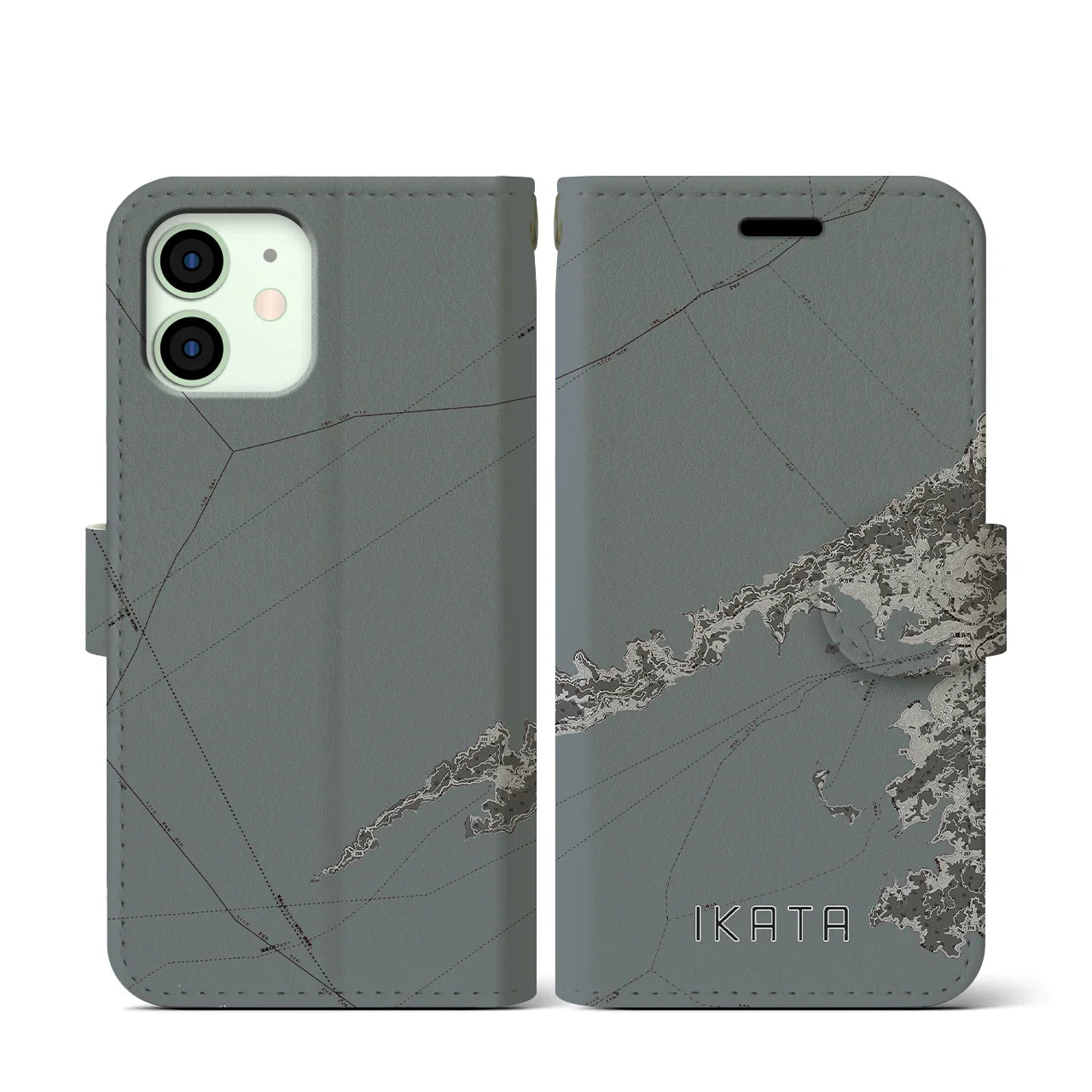 【伊方(愛媛県)】地図柄iPhoneケース(手帳タイプ)モノトーン・iPhone 12 mini 用