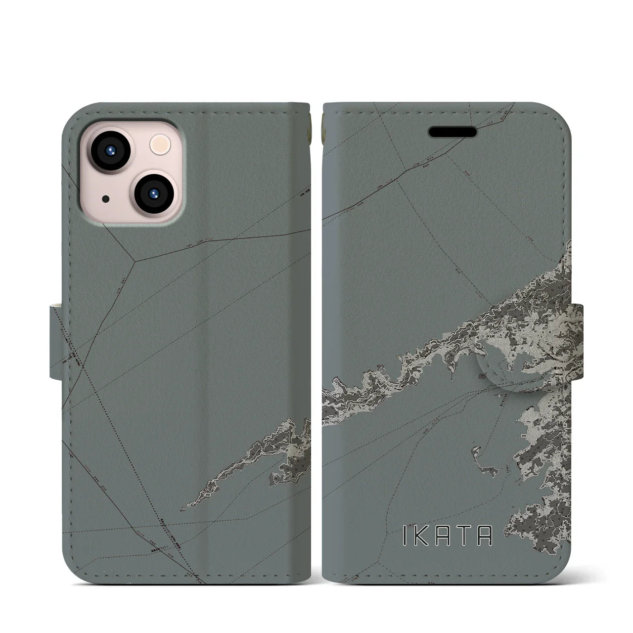 【伊方(愛媛県)】地図柄iPhoneケース(手帳タイプ)モノトーン・iPhone 13 mini 用