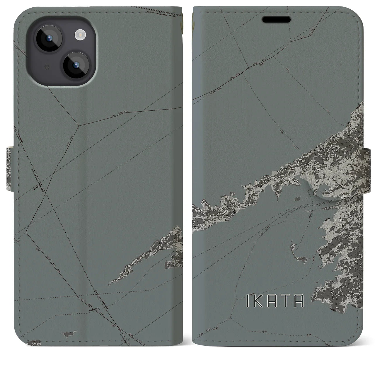 【伊方(愛媛県)】地図柄iPhoneケース(手帳タイプ)モノトーン・iPhone 14 Plus 用