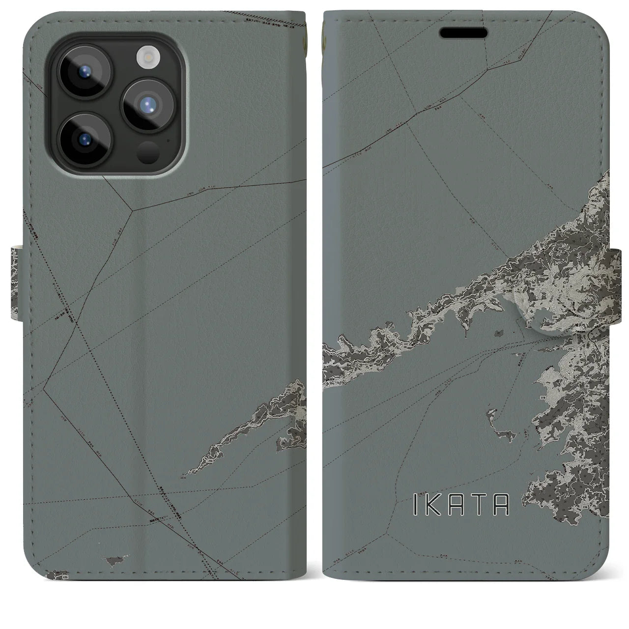 【伊方(愛媛県)】地図柄iPhoneケース(手帳タイプ)モノトーン・iPhone 15 Pro Max 用