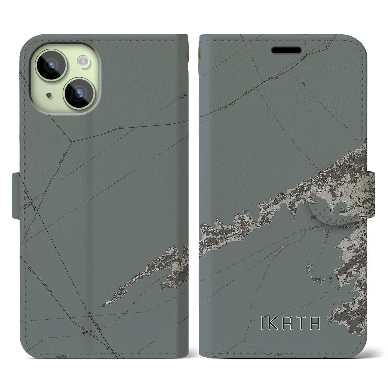 【伊方(愛媛県)】地図柄iPhoneケース(手帳タイプ)モノトーン・iPhone 15 用