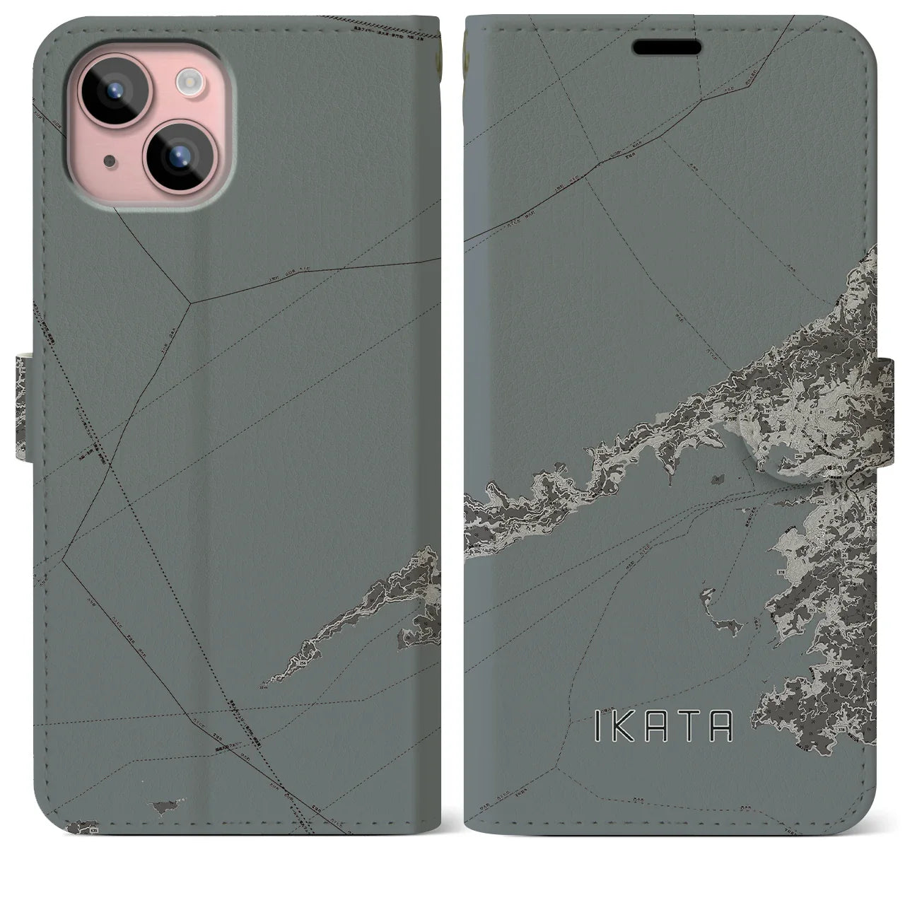【伊方(愛媛県)】地図柄iPhoneケース(手帳タイプ)モノトーン・iPhone 15 Plus 用
