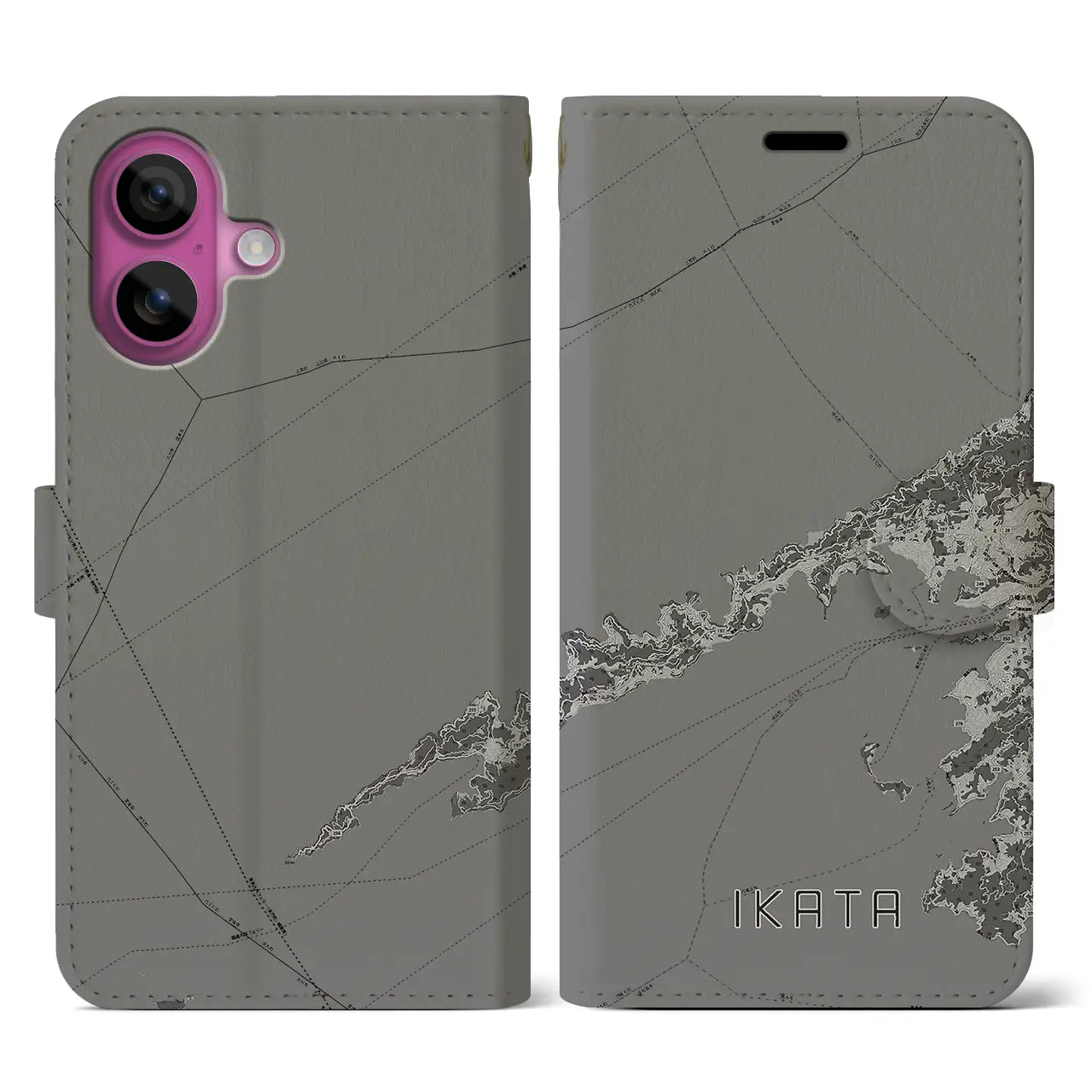 【伊方(愛媛県)】地図柄iPhoneケース(手帳タイプ)モノトーン・iPhone 16 Pro 用