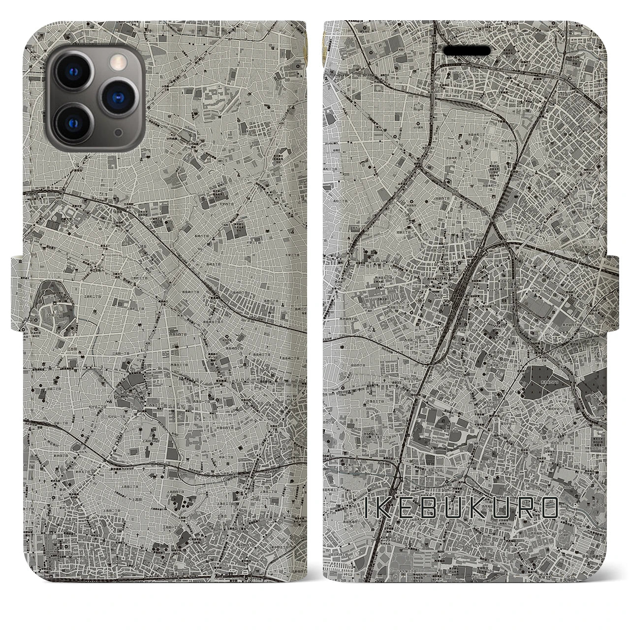 【池袋(東京都)】地図柄iPhoneケース(手帳タイプ)モノトーン・iPhone 11 Pro Max 用