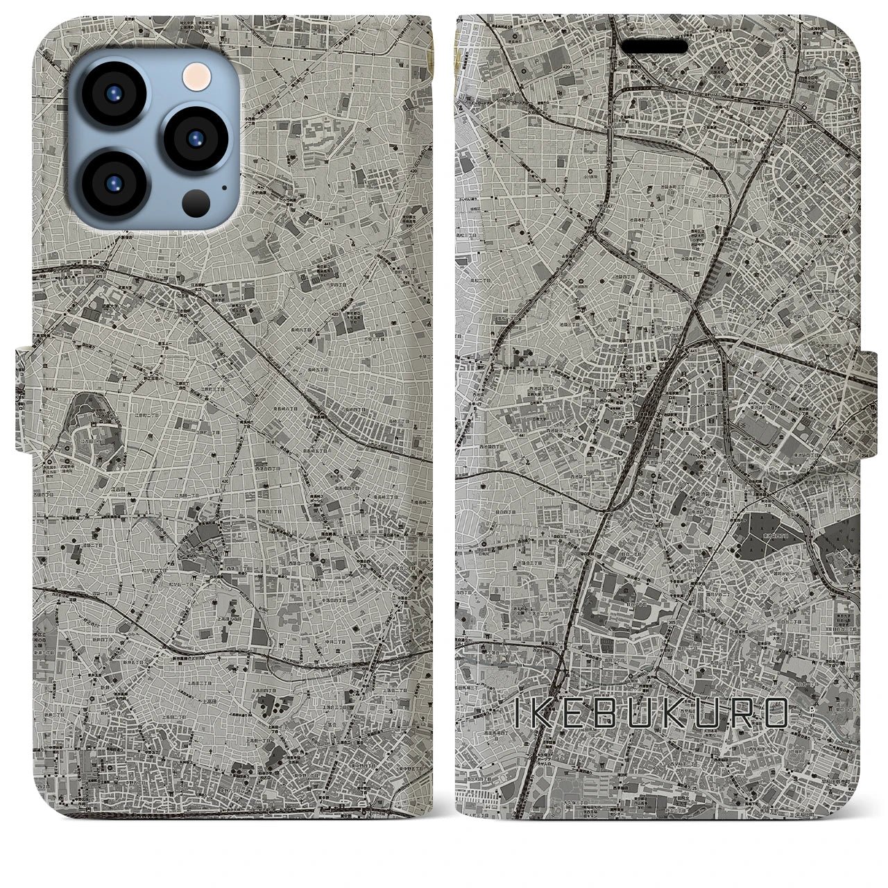 【池袋(東京都)】地図柄iPhoneケース(手帳タイプ)モノトーン・iPhone 13 Pro Max 用