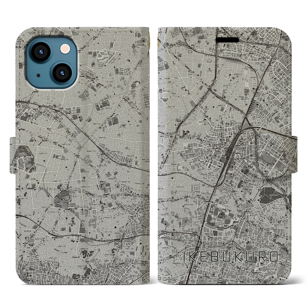 【池袋(東京都)】地図柄iPhoneケース(手帳タイプ)モノトーン・iPhone 13 用