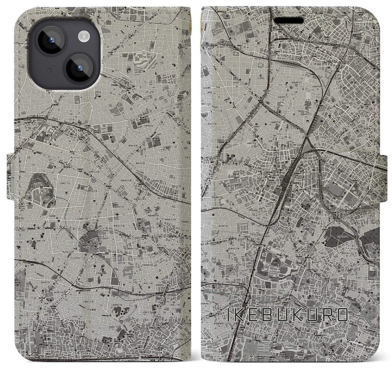 【池袋(東京都)】地図柄iPhoneケース(手帳タイプ)モノトーン・iPhone 14 Plus 用