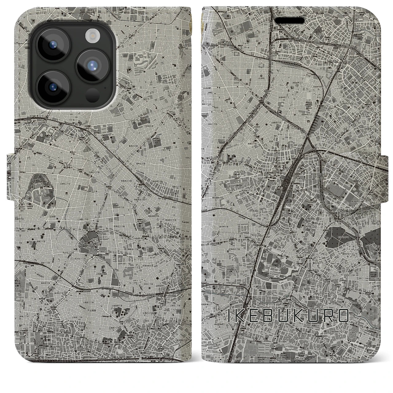 【池袋(東京都)】地図柄iPhoneケース(手帳タイプ)モノトーン・iPhone 15 Pro Max 用