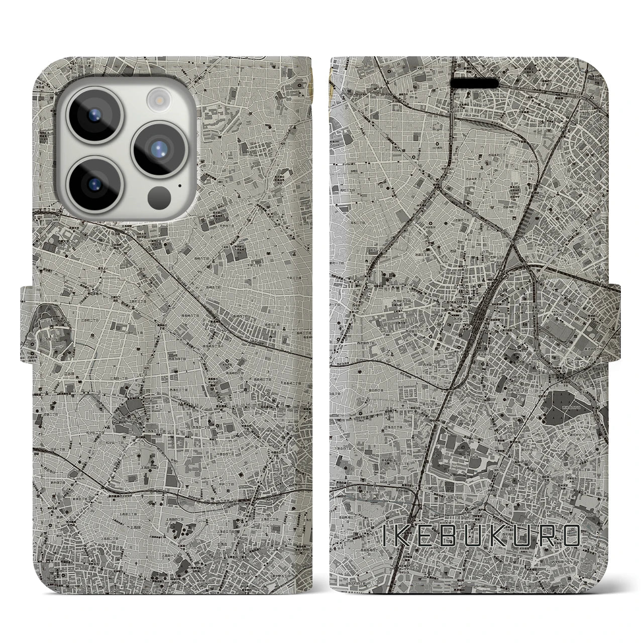 【池袋(東京都)】地図柄iPhoneケース(手帳タイプ)モノトーン・iPhone 15 Pro 用