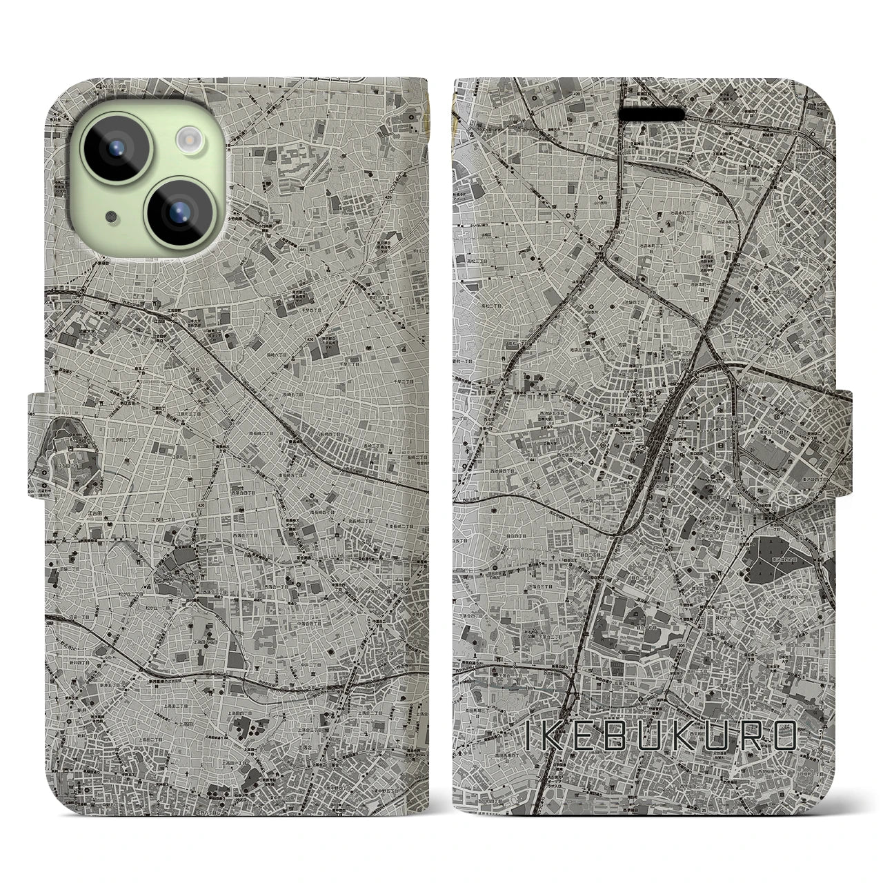 【池袋(東京都)】地図柄iPhoneケース(手帳タイプ)モノトーン・iPhone 15 用
