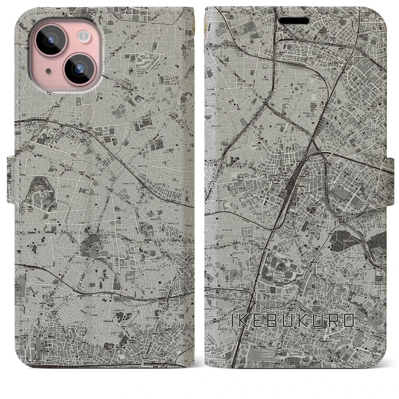 【池袋(東京都)】地図柄iPhoneケース(手帳タイプ)モノトーン・iPhone 15 Plus 用