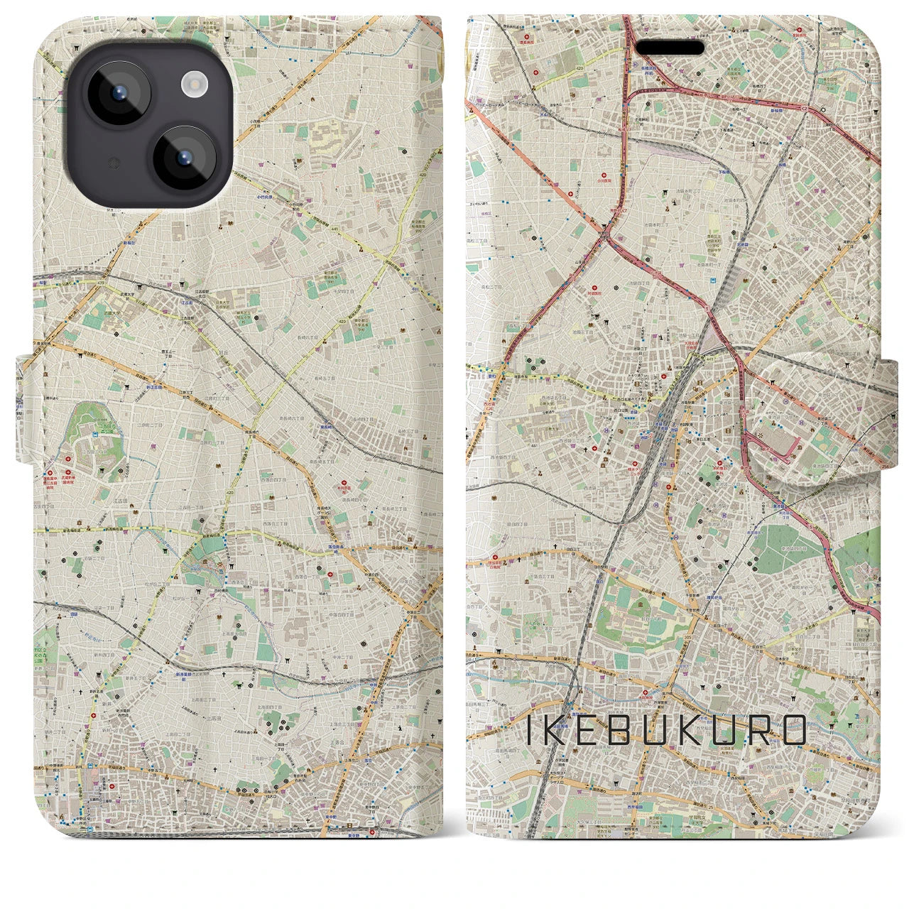 【池袋(東京都)】地図柄iPhoneケース(手帳タイプ)ナチュラル・iPhone 14 Plus 用