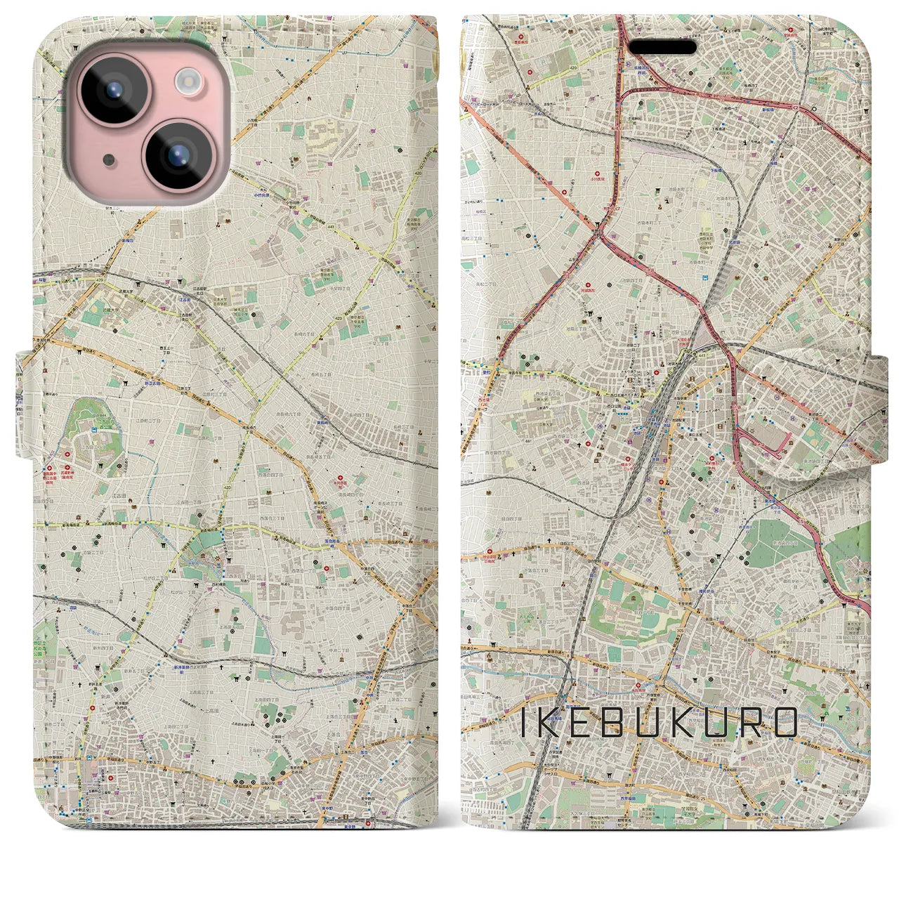 【池袋(東京都)】地図柄iPhoneケース(手帳タイプ)ナチュラル・iPhone 15 Plus 用