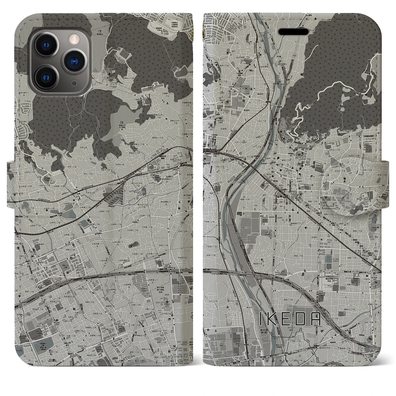 【池田(大阪府)】地図柄iPhoneケース(手帳タイプ)モノトーン・iPhone 11 Pro Max 用