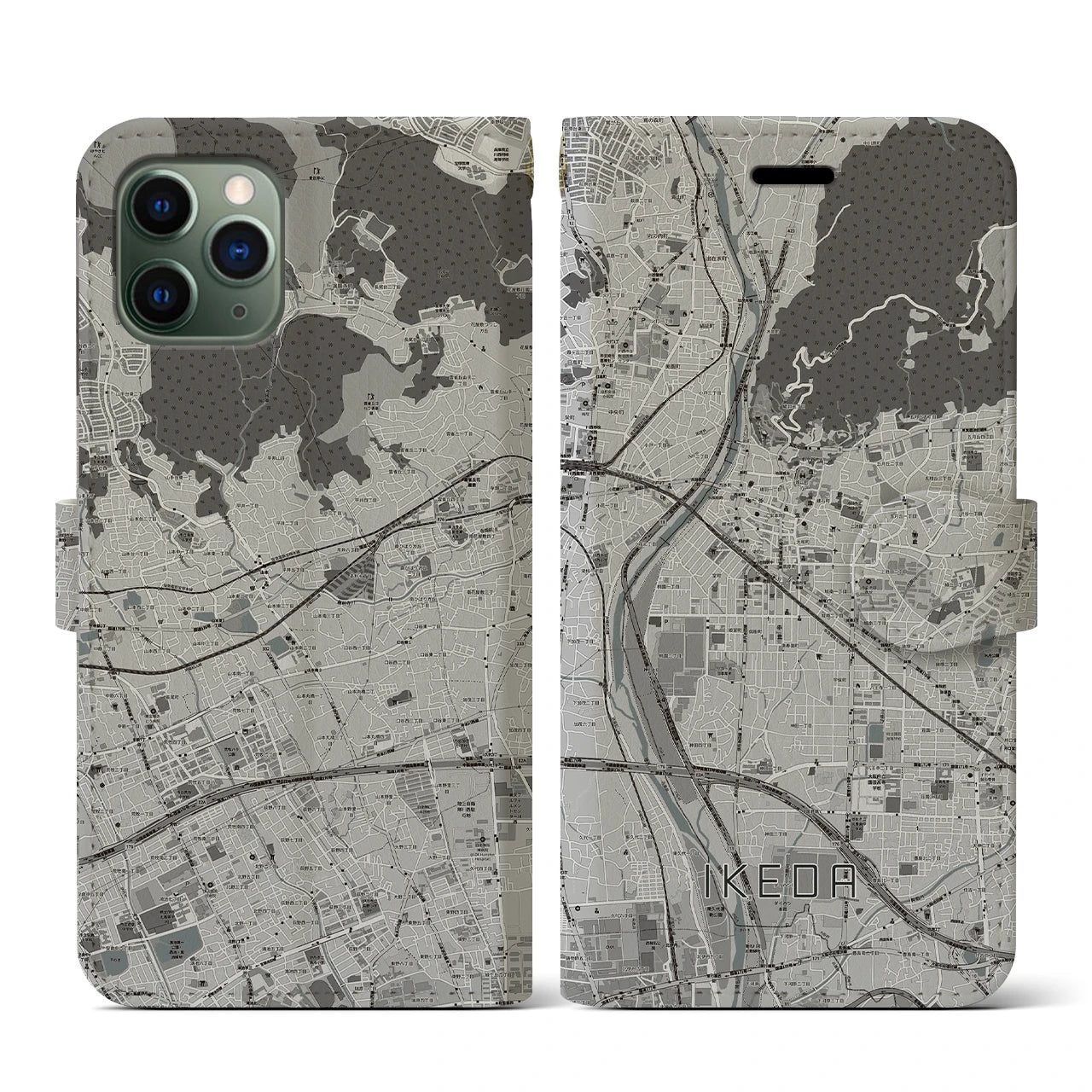 【池田(大阪府)】地図柄iPhoneケース(手帳タイプ)モノトーン・iPhone 11 Pro 用