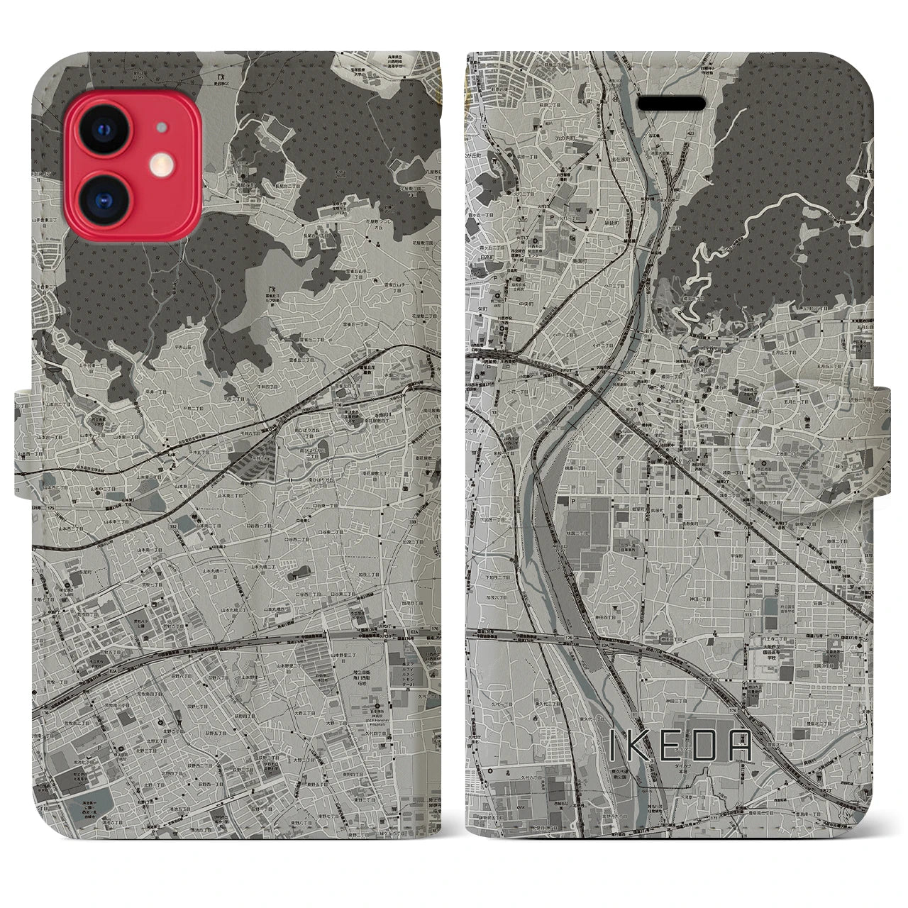【池田(大阪府)】地図柄iPhoneケース(手帳タイプ)モノトーン・iPhone 11 用