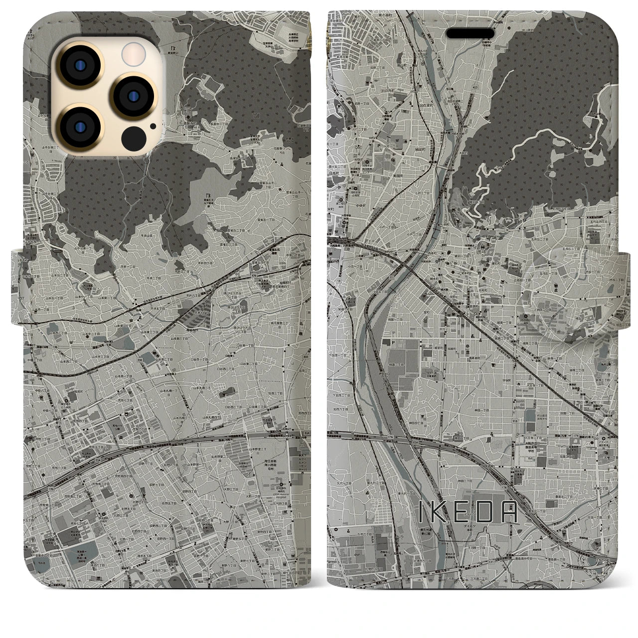【池田(大阪府)】地図柄iPhoneケース(手帳タイプ)モノトーン・iPhone 12 Pro Max 用