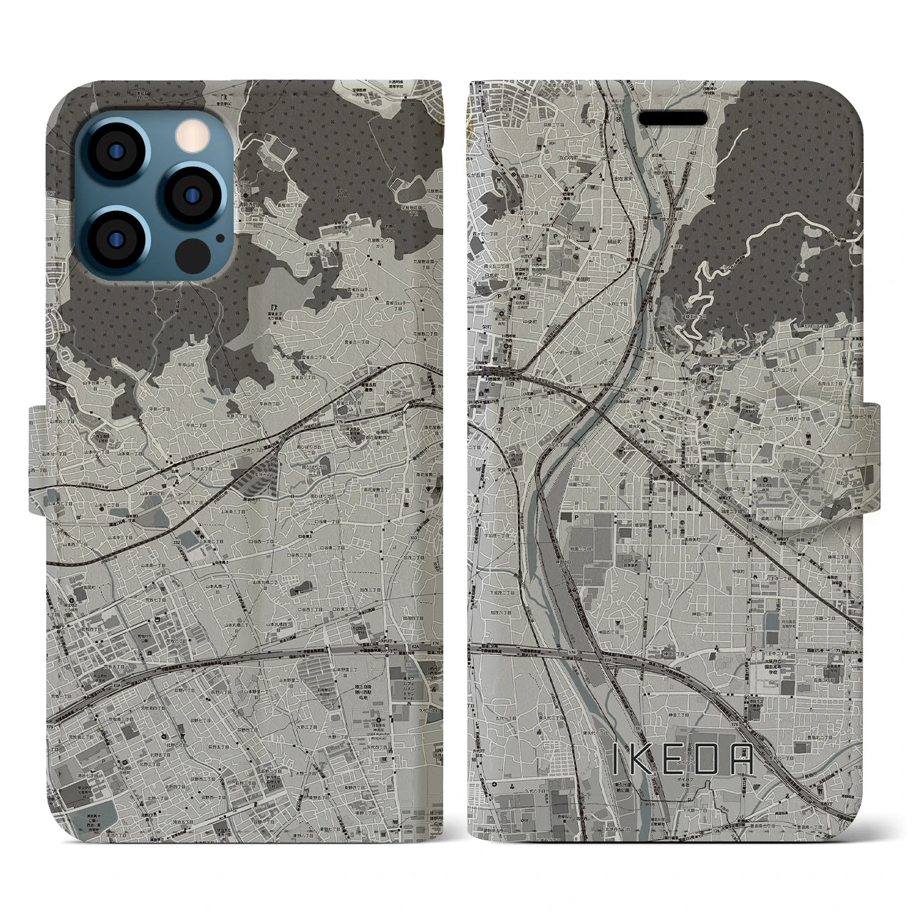 【池田(大阪府)】地図柄iPhoneケース(手帳タイプ)モノトーン・iPhone 12 / 12 Pro 用