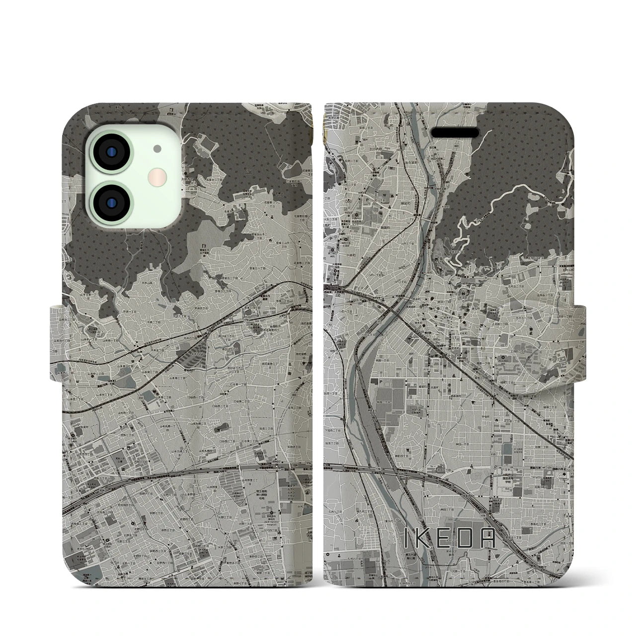 【池田(大阪府)】地図柄iPhoneケース(手帳タイプ)モノトーン・iPhone 12 mini 用