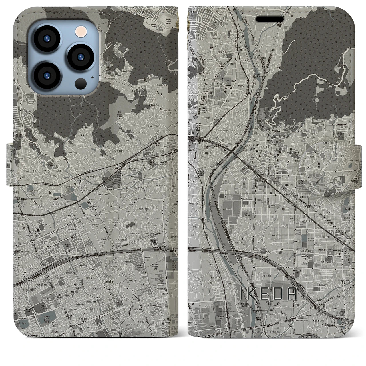 【池田(大阪府)】地図柄iPhoneケース(手帳タイプ)モノトーン・iPhone 13 Pro Max 用