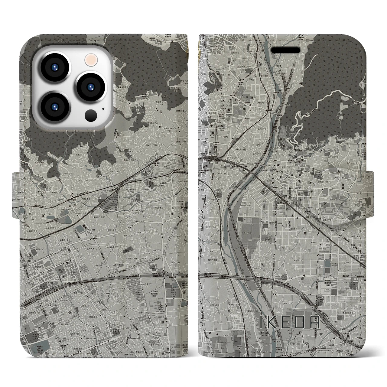 【池田(大阪府)】地図柄iPhoneケース(手帳タイプ)モノトーン・iPhone 13 Pro 用