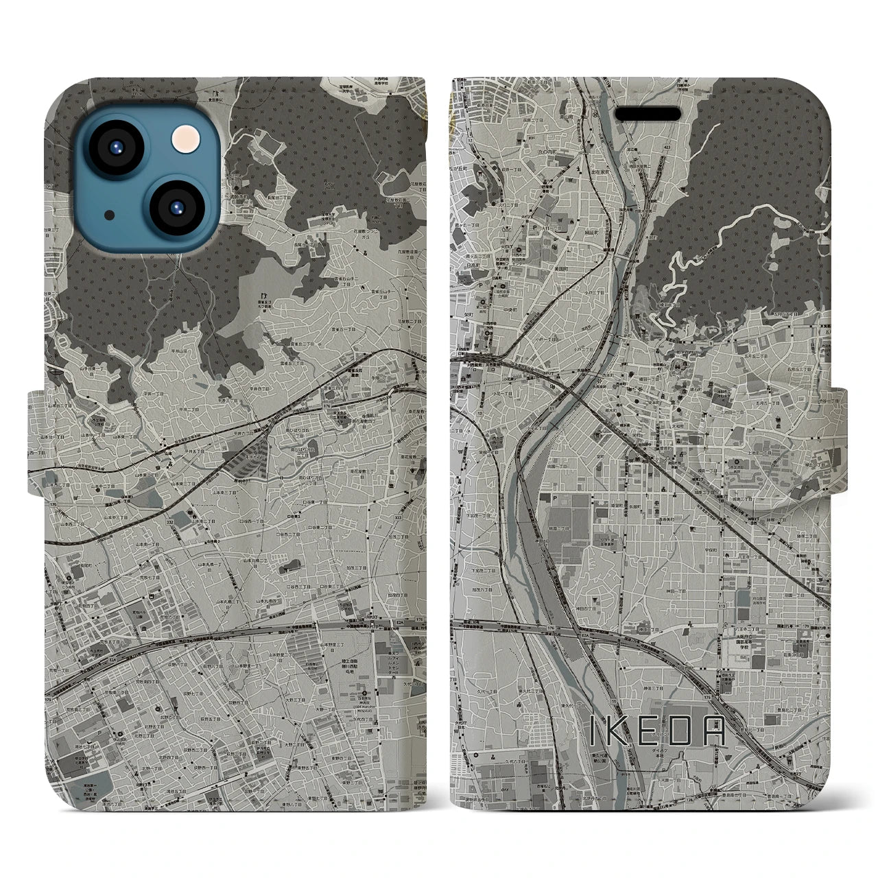 【池田(大阪府)】地図柄iPhoneケース(手帳タイプ)モノトーン・iPhone 13 用