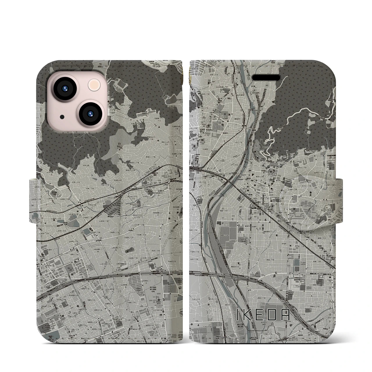 【池田(大阪府)】地図柄iPhoneケース(手帳タイプ)モノトーン・iPhone 13 mini 用