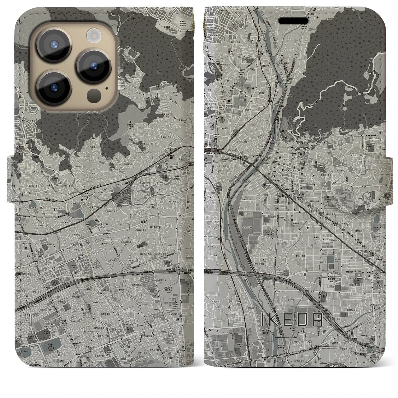 【池田(大阪府)】地図柄iPhoneケース(手帳タイプ)モノトーン・iPhone 14 Pro Max 用