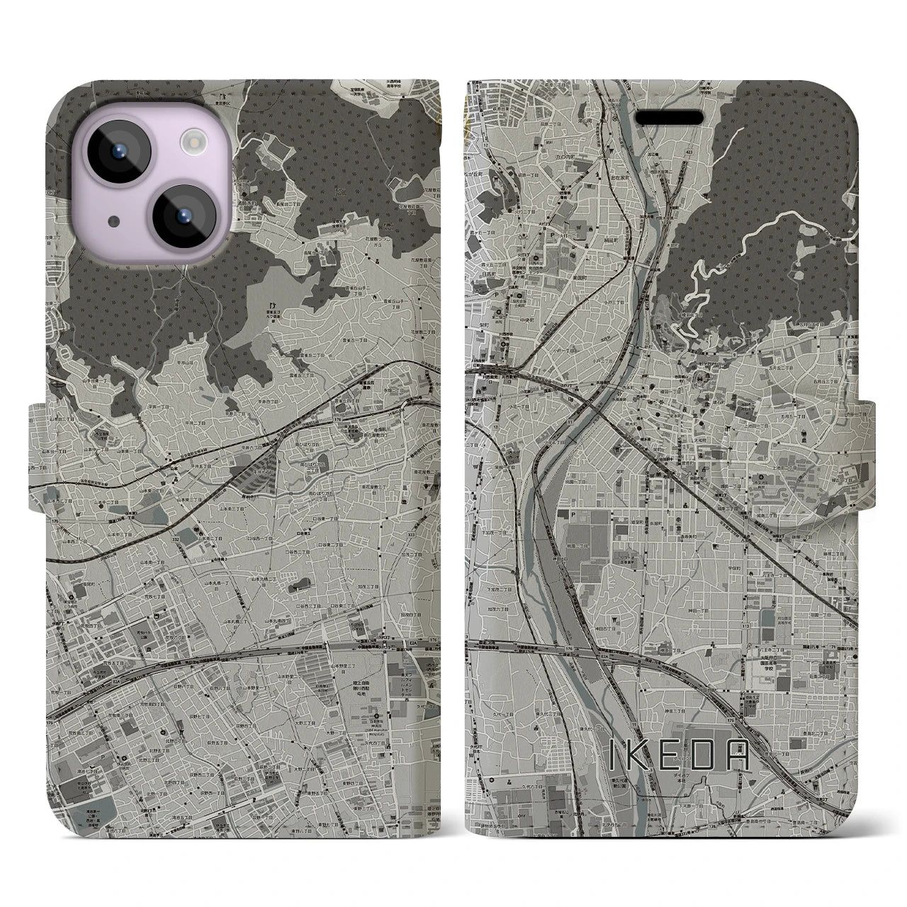 【池田(大阪府)】地図柄iPhoneケース(手帳タイプ)モノトーン・iPhone 14 用
