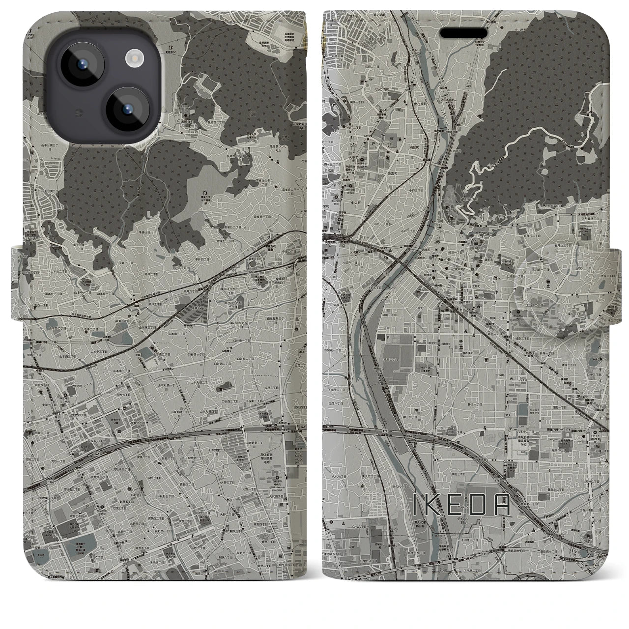 【池田(大阪府)】地図柄iPhoneケース(手帳タイプ)モノトーン・iPhone 14 Plus 用