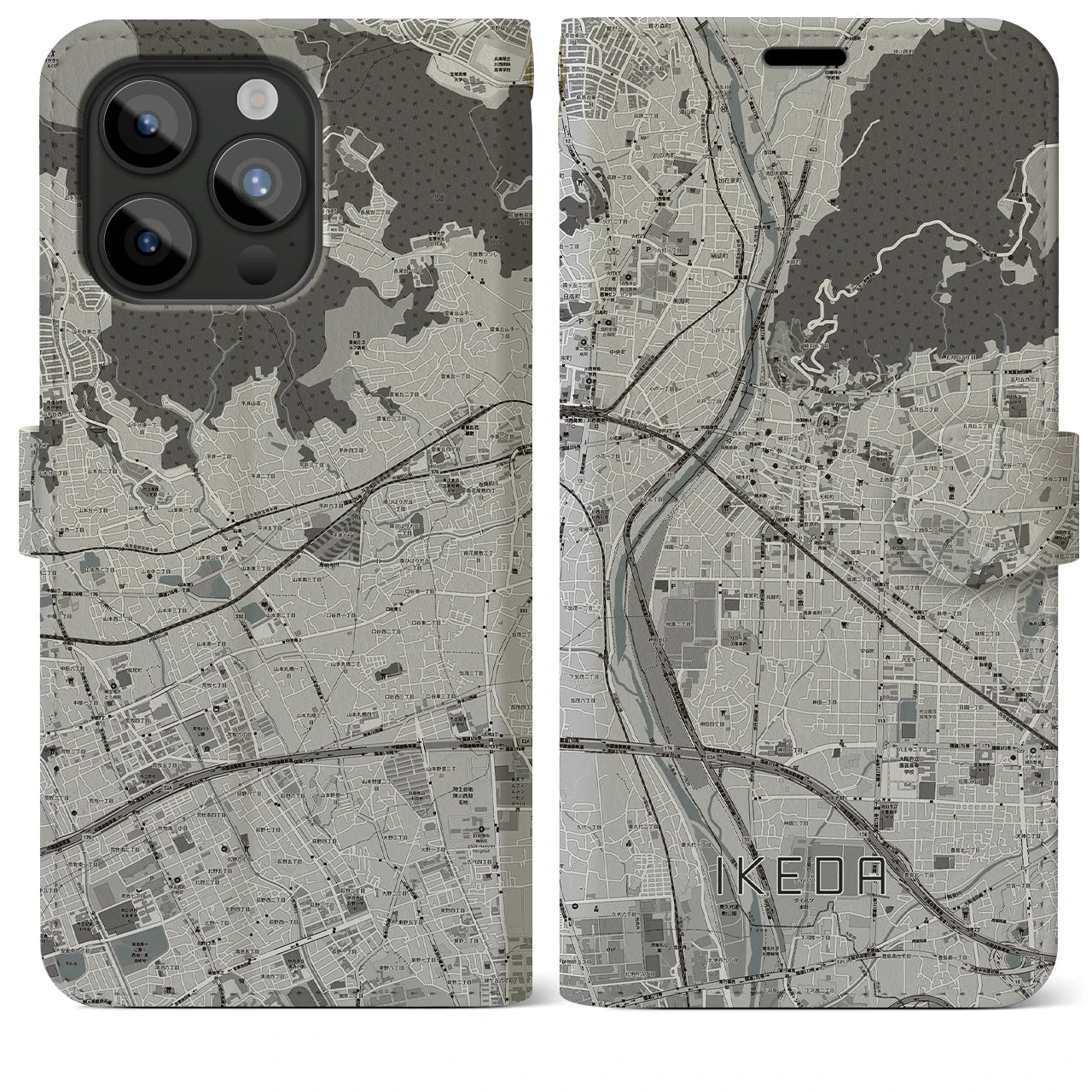【池田(大阪府)】地図柄iPhoneケース(手帳タイプ)モノトーン・iPhone 15 Pro Max 用