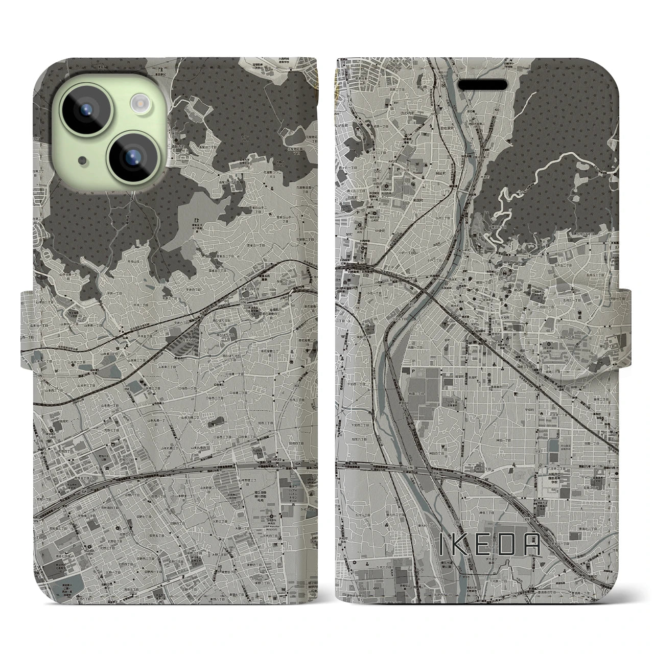 【池田(大阪府)】地図柄iPhoneケース(手帳タイプ)モノトーン・iPhone 15 用