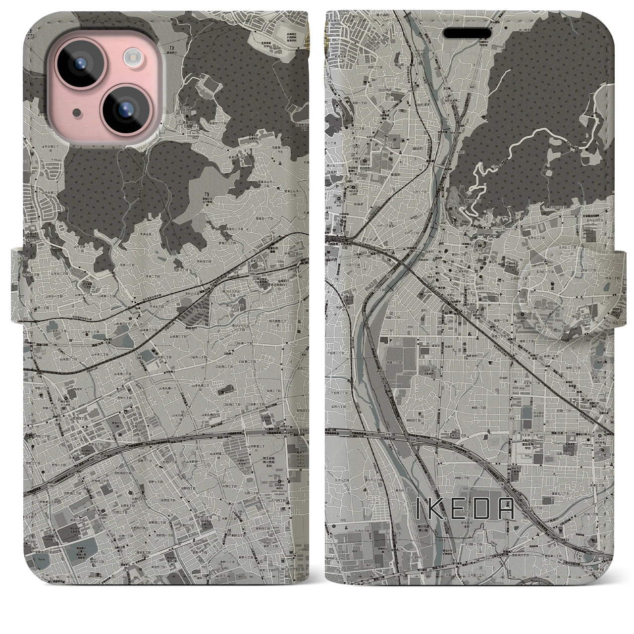 【池田(大阪府)】地図柄iPhoneケース(手帳タイプ)モノトーン・iPhone 15 Plus 用