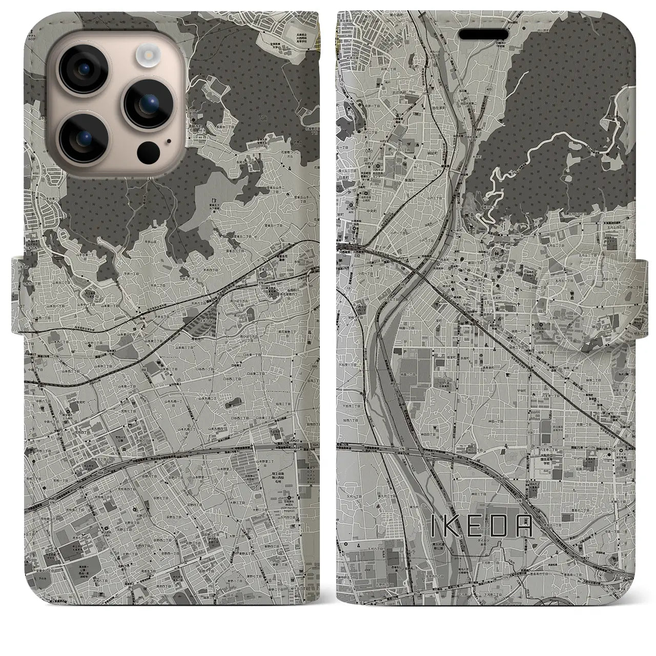 【池田(大阪府)】地図柄iPhoneケース(手帳タイプ)モノトーン・iPhone 16 Plus 用