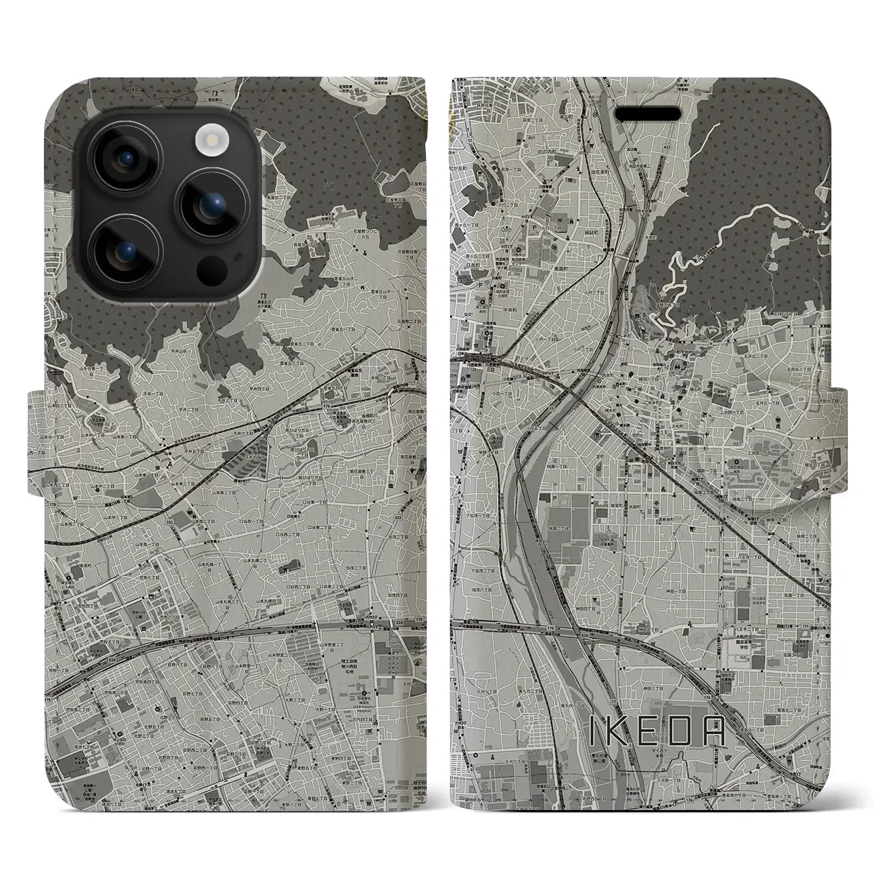 【池田(大阪府)】地図柄iPhoneケース(手帳タイプ)モノトーン・iPhone 16 用