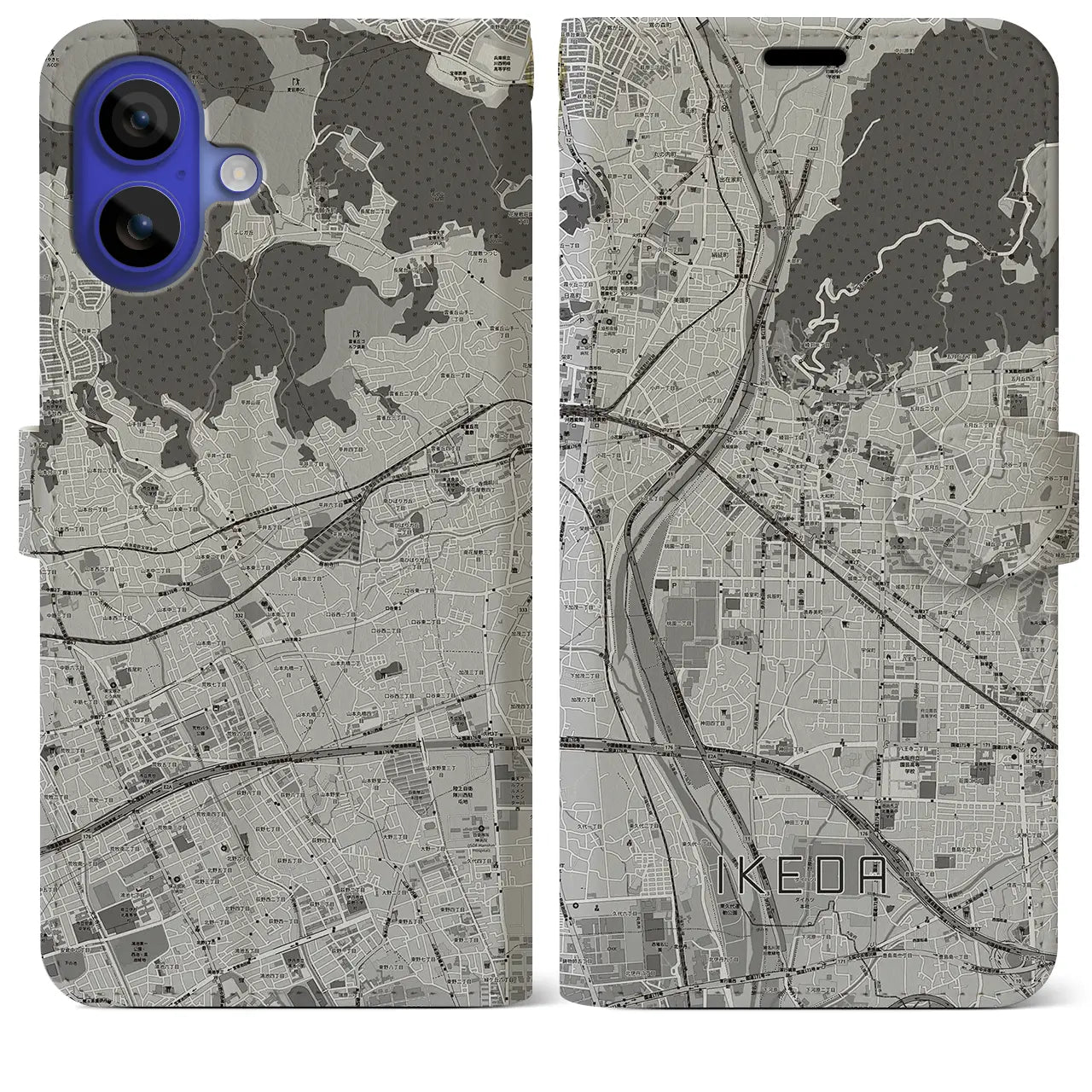 【池田(大阪府)】地図柄iPhoneケース(手帳タイプ)モノトーン・iPhone 16 Pro Max 用