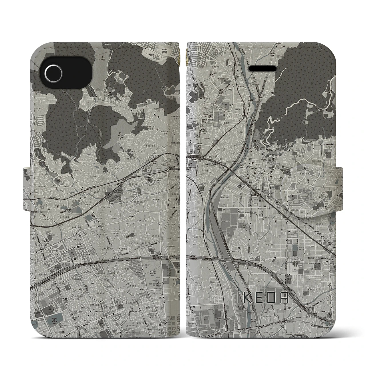 【池田(大阪府)】地図柄iPhoneケース(手帳タイプ)モノトーン・iPhone SE(第3 / 第2世代) / 8 / 7 / 6s / 6 用