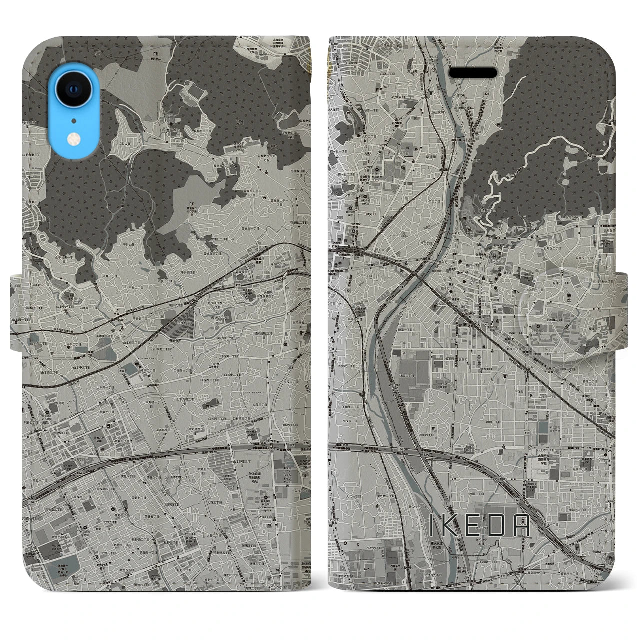 【池田(大阪府)】地図柄iPhoneケース(手帳タイプ)モノトーン・iPhone XR 用