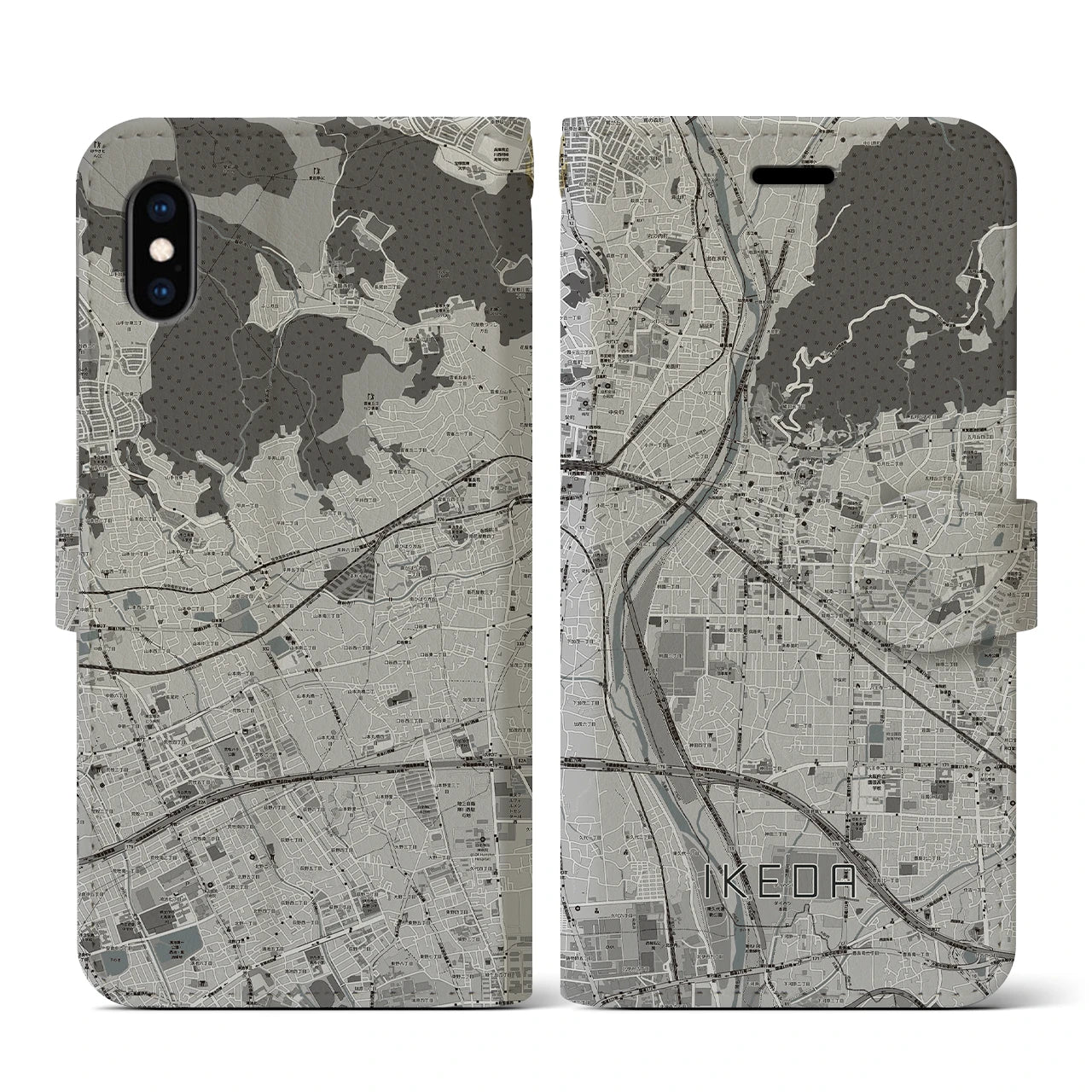 【池田(大阪府)】地図柄iPhoneケース(手帳タイプ)モノトーン・iPhone XS / X 用