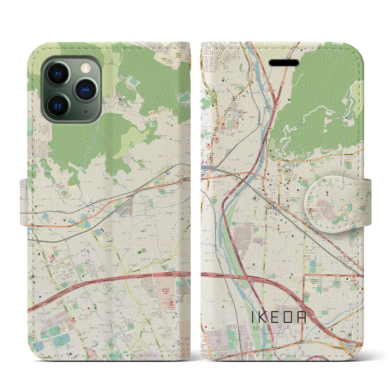 【池田(大阪府)】地図柄iPhoneケース(手帳タイプ)ナチュラル・iPhone 11 Pro 用