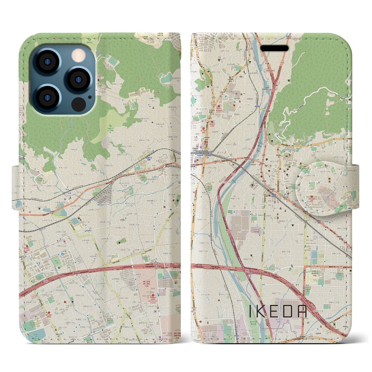 【池田(大阪府)】地図柄iPhoneケース(手帳タイプ)ナチュラル・iPhone 12 / 12 Pro 用