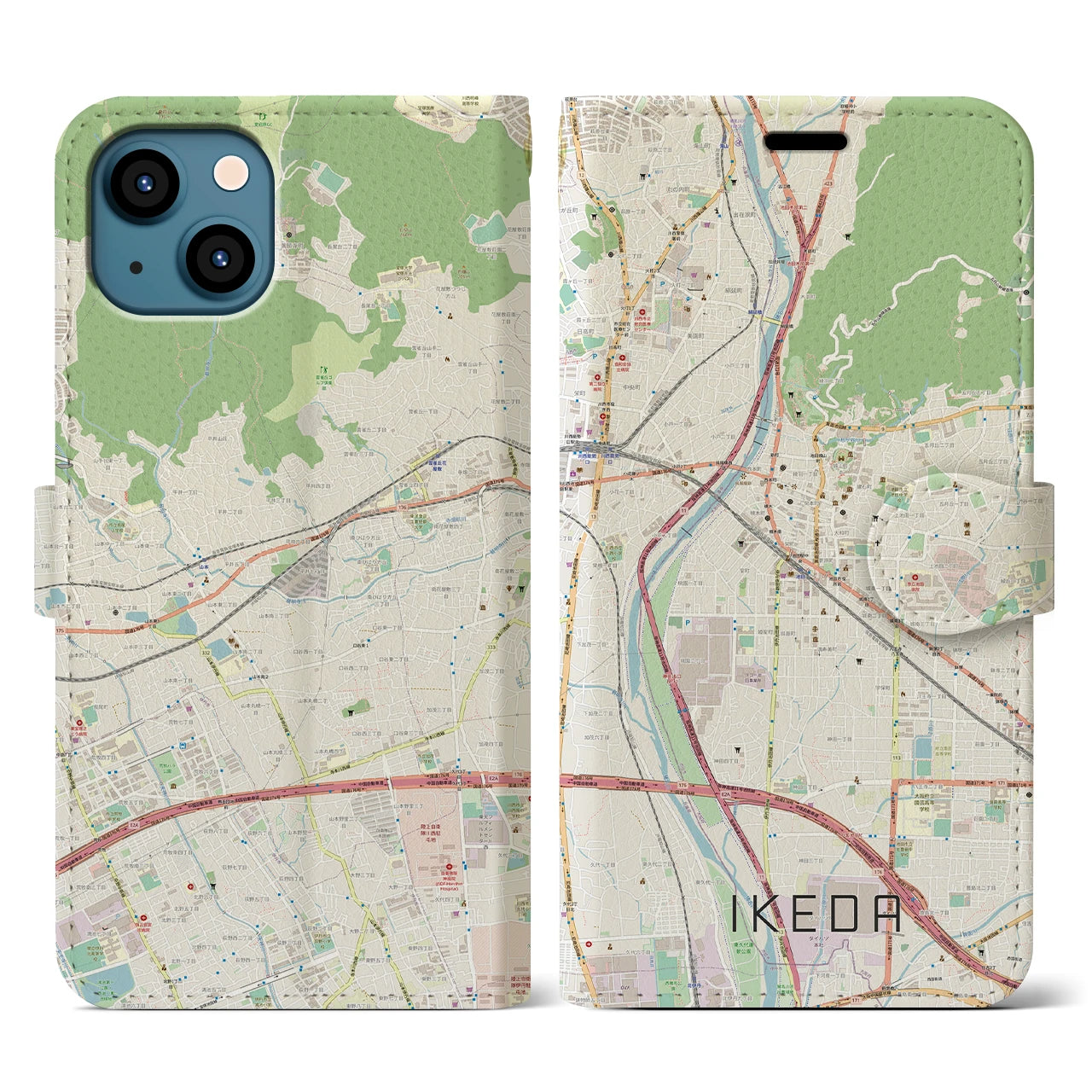 【池田(大阪府)】地図柄iPhoneケース(手帳タイプ)ナチュラル・iPhone 13 用