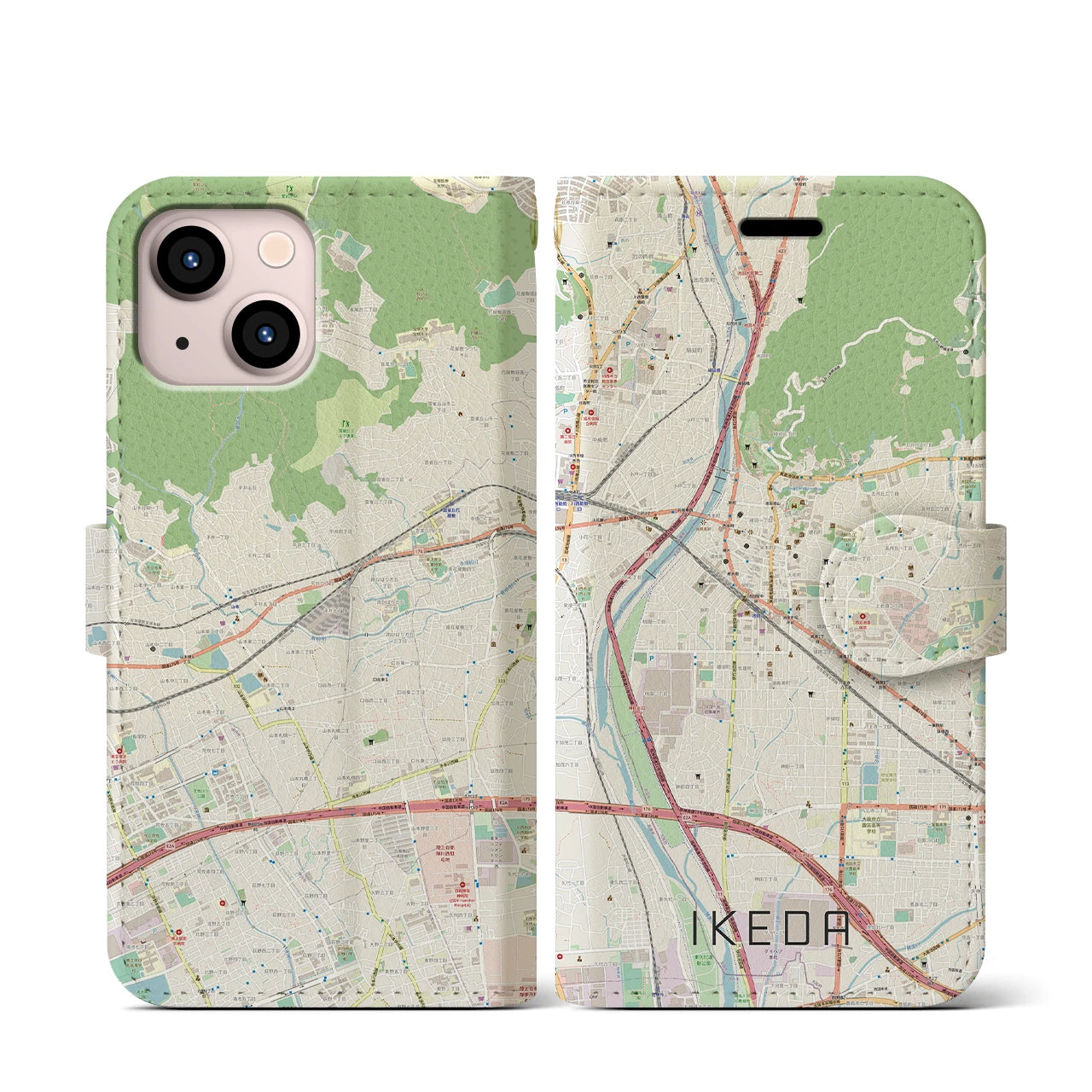 【池田(大阪府)】地図柄iPhoneケース(手帳タイプ)ナチュラル・iPhone 13 mini 用