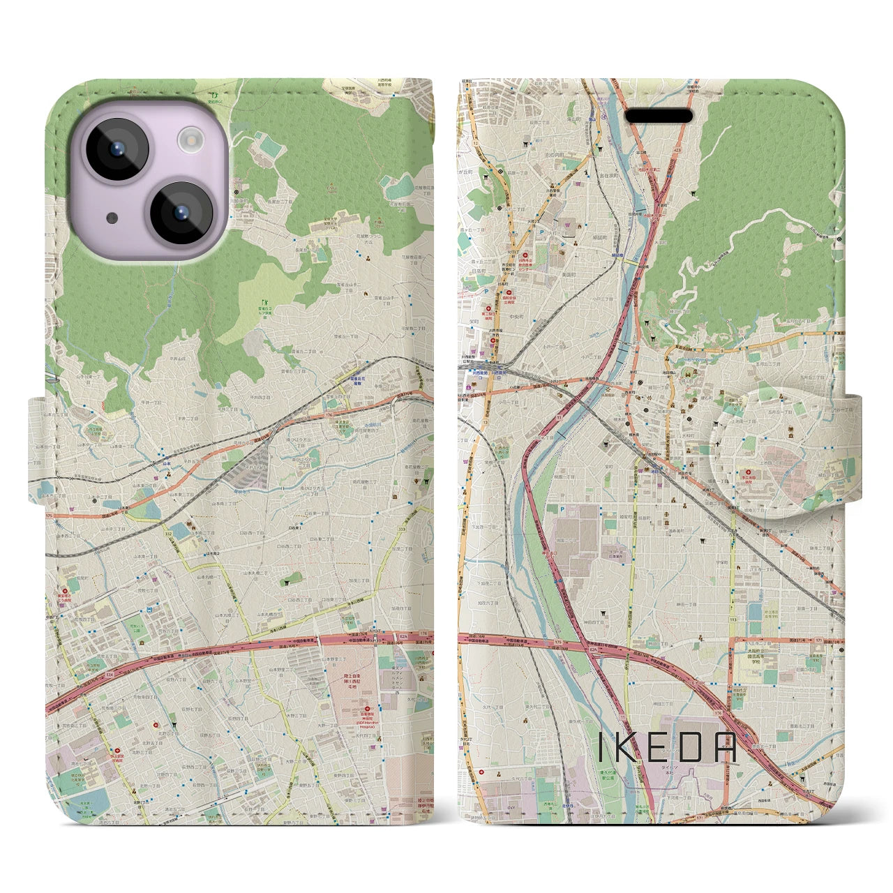【池田(大阪府)】地図柄iPhoneケース(手帳タイプ)ナチュラル・iPhone 14 用