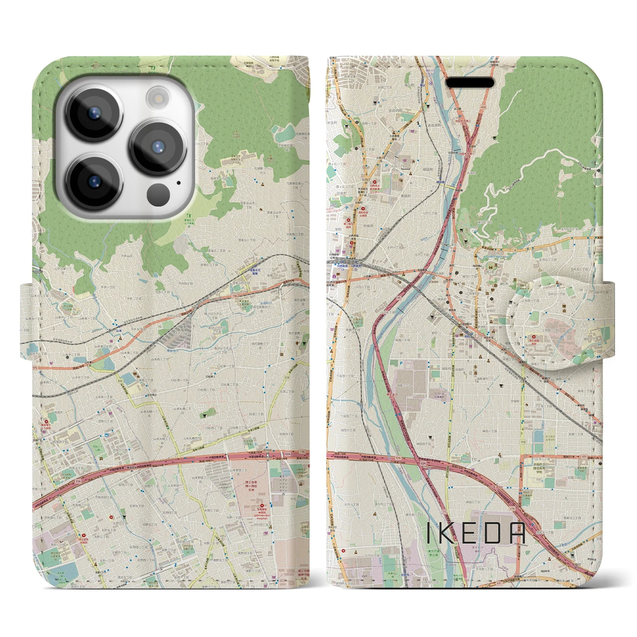 【池田(大阪府)】地図柄iPhoneケース(手帳タイプ)ナチュラル・iPhone 14 Pro 用