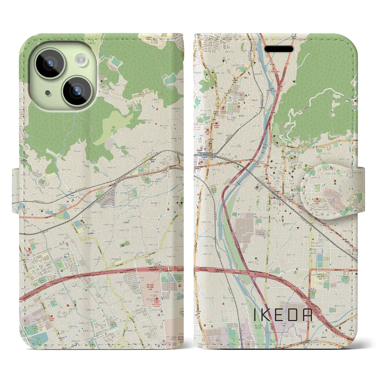 【池田(大阪府)】地図柄iPhoneケース(手帳タイプ)ナチュラル・iPhone 15 用