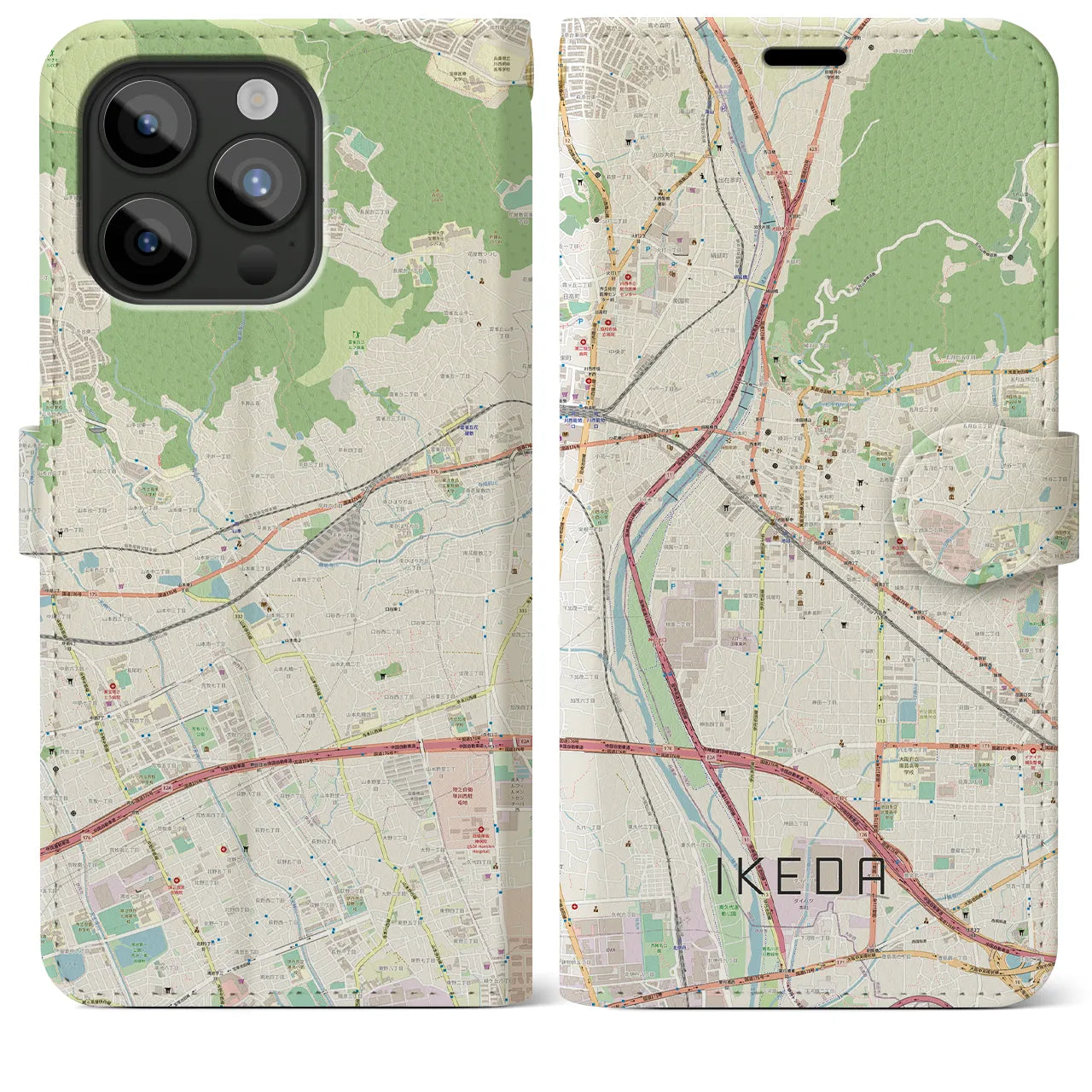 【池田(大阪府)】地図柄iPhoneケース(手帳タイプ)ナチュラル・iPhone 15 Pro Max 用