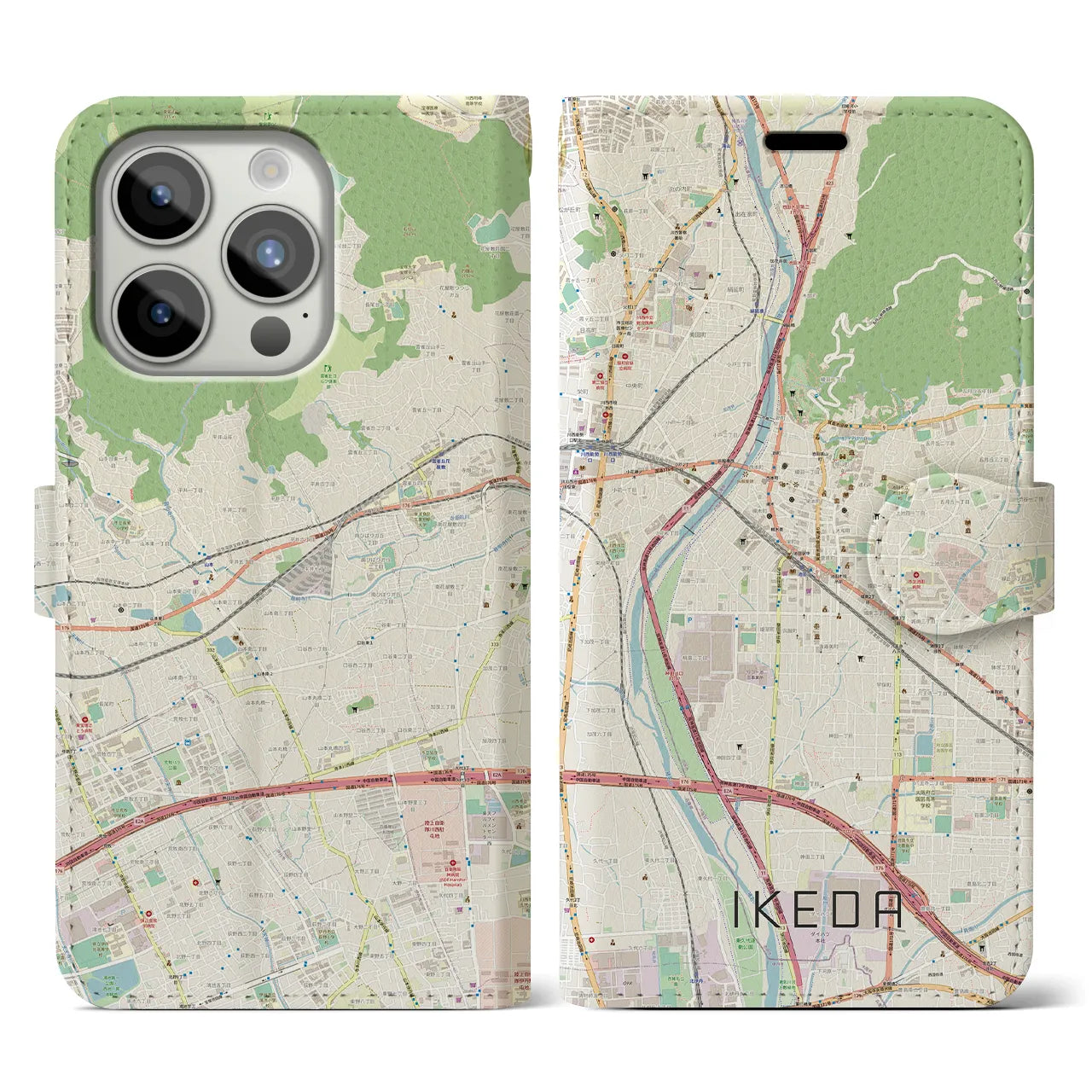 【池田(大阪府)】地図柄iPhoneケース(手帳タイプ)ナチュラル・iPhone 15 Pro 用