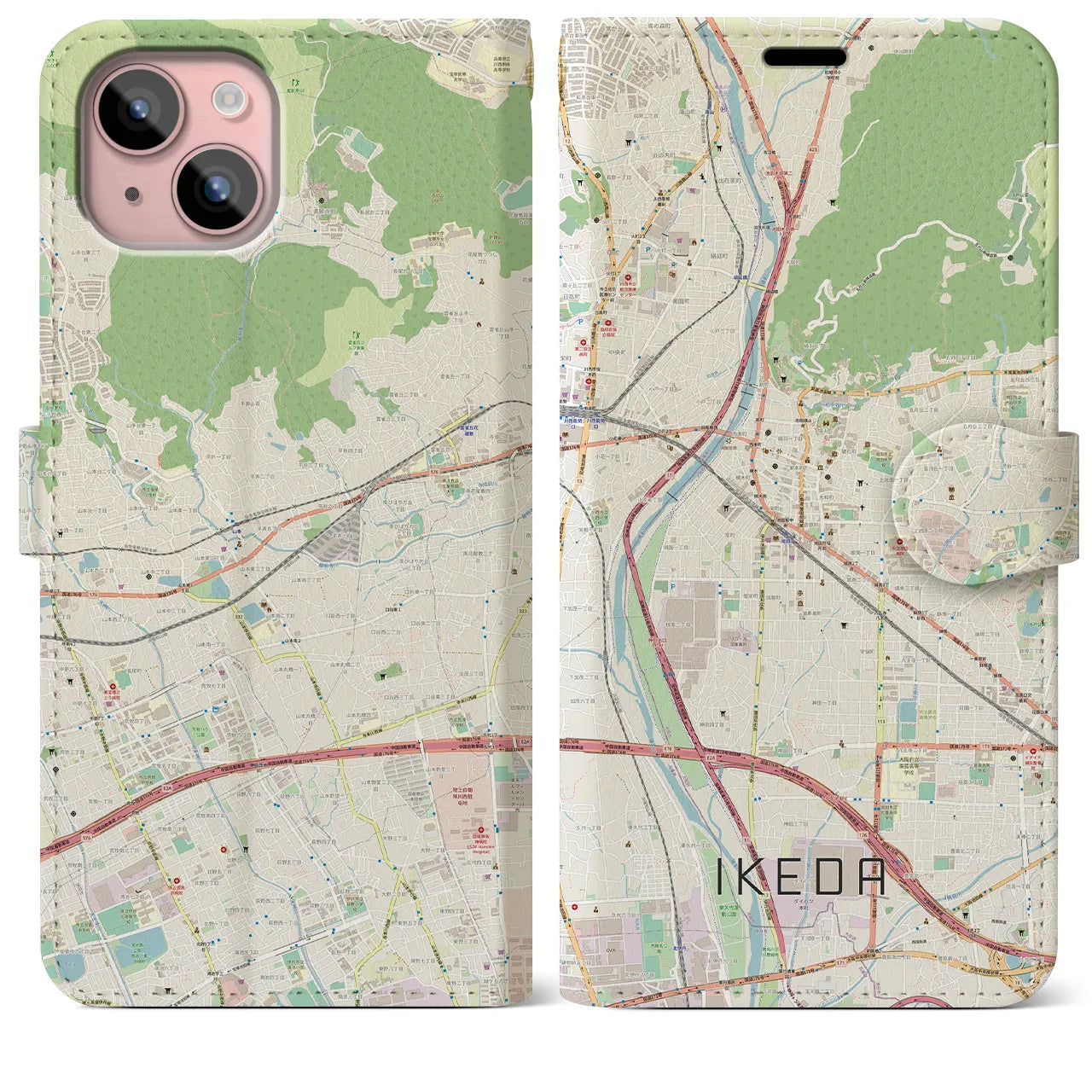 【池田(大阪府)】地図柄iPhoneケース(手帳タイプ)ナチュラル・iPhone 15 Plus 用